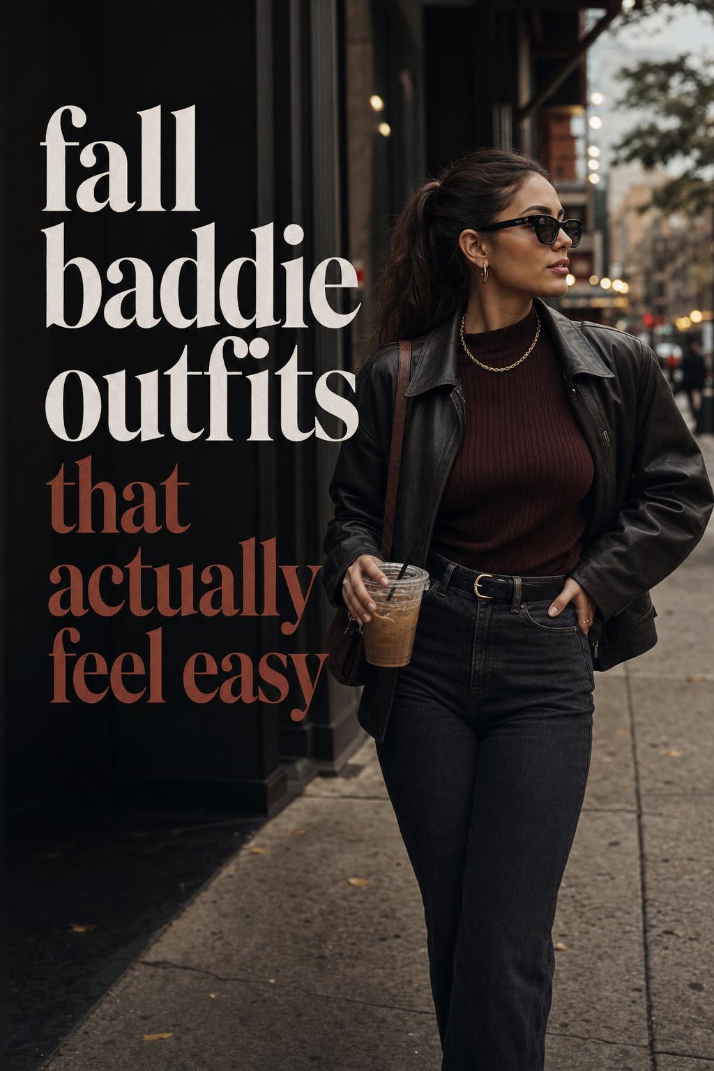Fall Baddie Outfits Street Style Editorial Fall baddie outfits street style: adult woman in blazer, dark denim and ankle boots on an urban sidewalk by a coffee shop