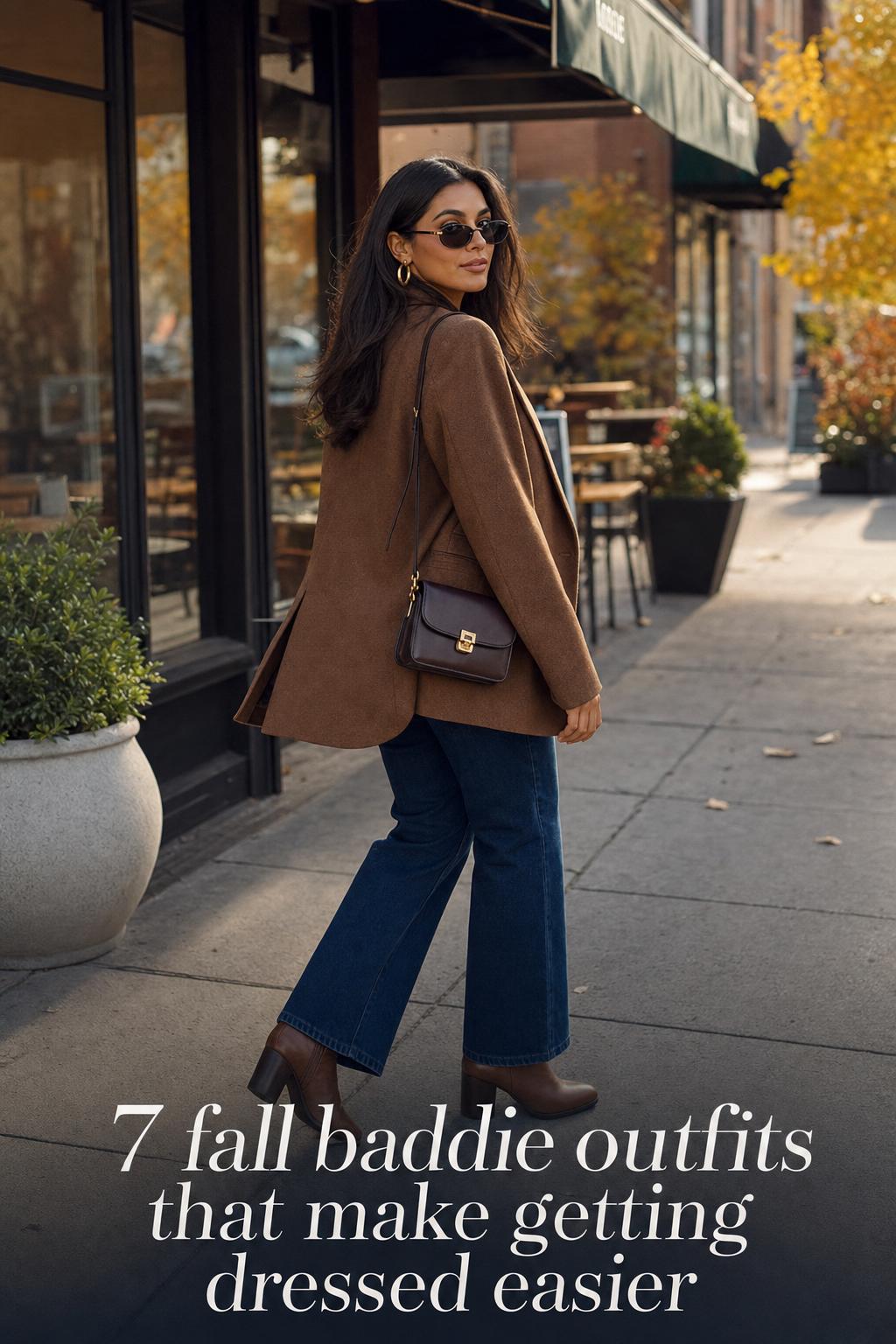 Fall Baddie Outfits Street Style Editorial Look Fall baddie outfits street style look with blazer, dark denim, ankle boots, and structured bag outside a coffee shop