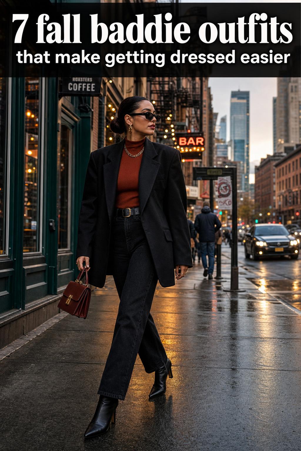 Fall Baddie Outfits Streetwear Look Fall baddie outfits styled on a streetwear model with leather jacket, boots, and bold accessories in autumn light