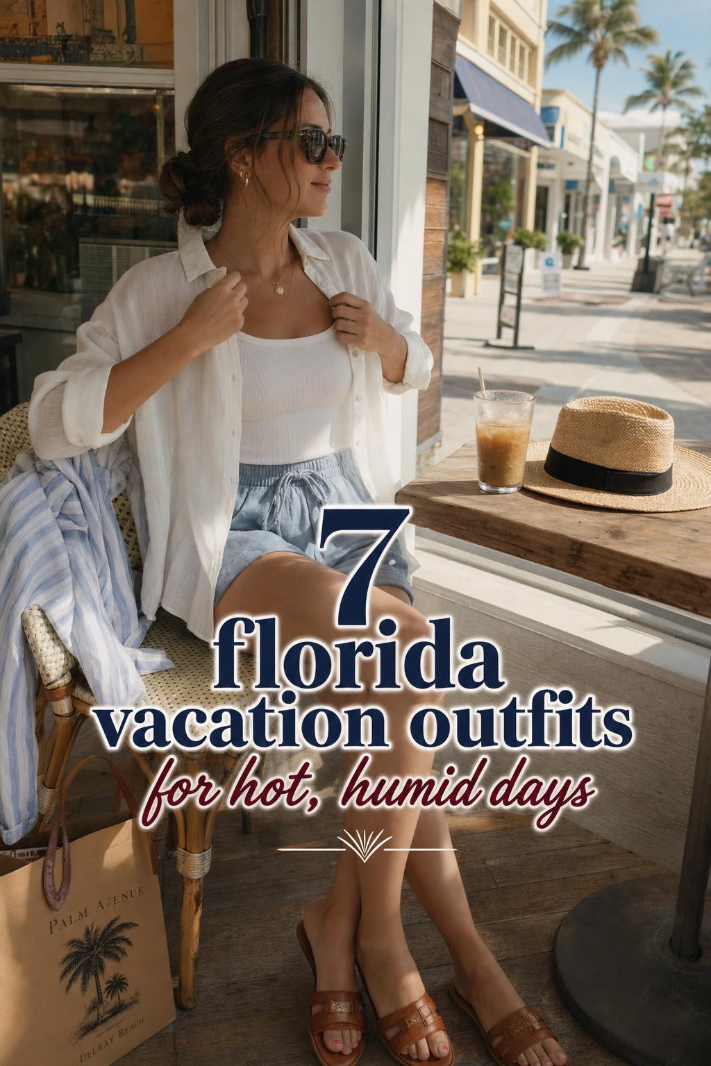 Florida Vacation Outfits for Hot, Humid Days Woman in coastal cafe wearing linen layers and sandals, showcasing florida vacation outfits for hot, humid days