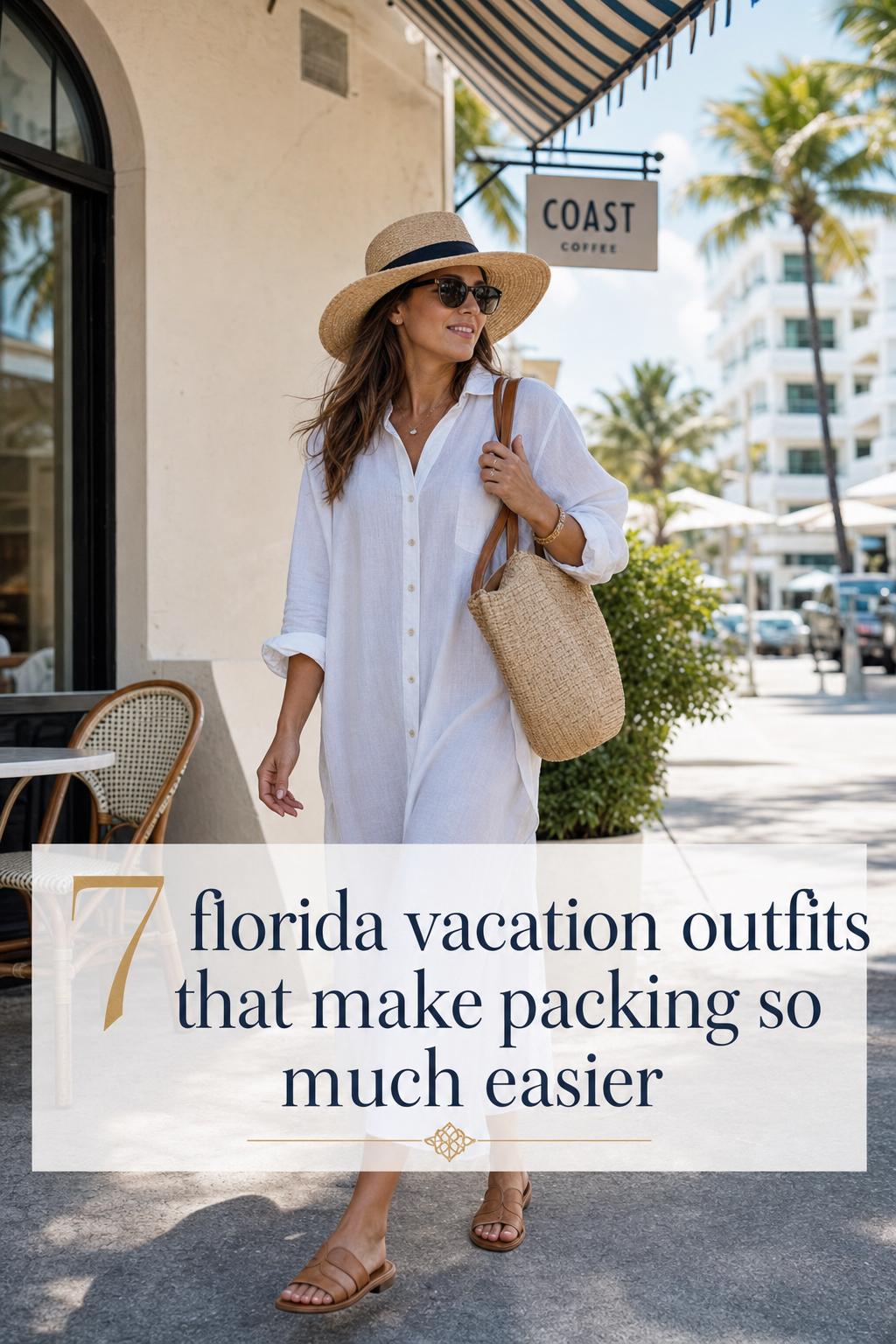 Florida Vacation Outfits in a Coastal Town Walk Adult woman in linen dress, hat and tote walking a coastal town boardwalk, showcasing florida vacation outfits in bright sun