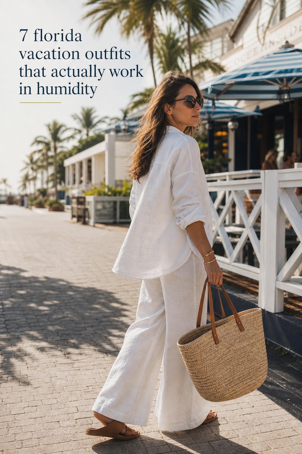 Florida Vacation Outfits for Humidity in Linen Florida vacation outfits: adult woman in a linen shirt dress walking a sunny boardwalk with sandals, sunglasses, and a woven tote