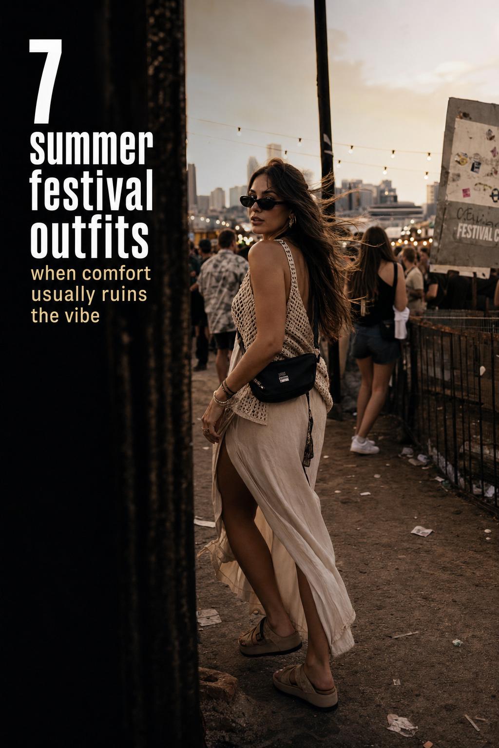 Fashion-forward woman in golden-hour city festival scene wearing layered summer festival outfits with crochet, utility bag, and sandals