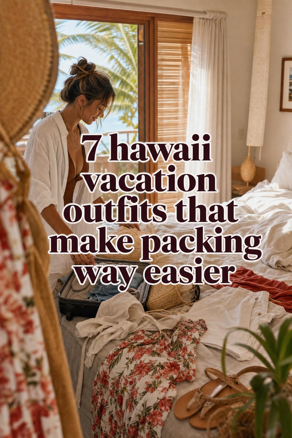 Woman packing hawaii vacation outfits on a rumpled bed in a sunlit Hawaii hotel room by an open balcony