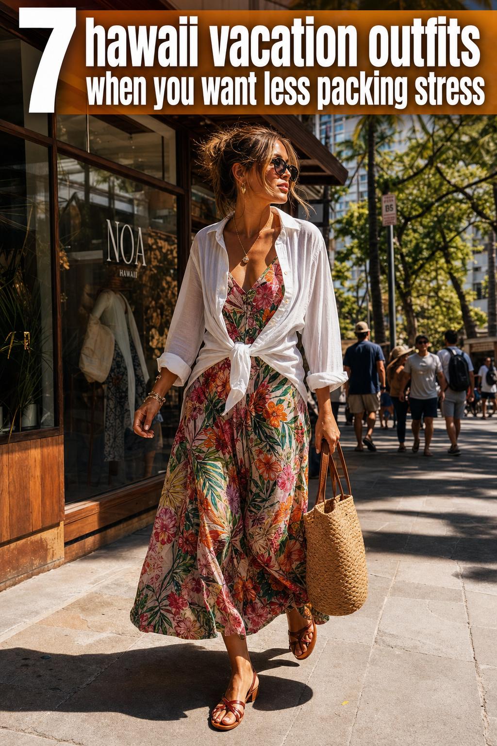 Hawaii vacation outfits laid out with tropical prints, sandals, and sun hat for a stylish island getaway