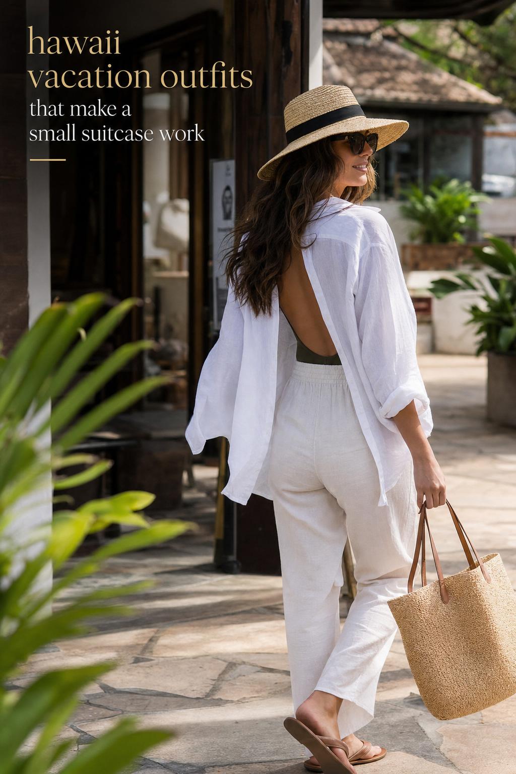 Hawaii vacation outfits: woman in white linen shirt and neutral pants with straw tote walking a sunlit resort market walkway