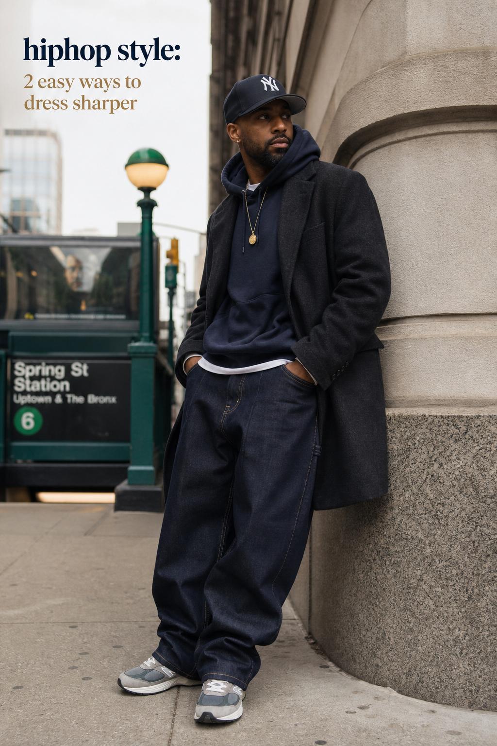 Hiphop Style Editorial: Streetwear Meets Smart Urban hiphop style editorial streetwear and refined urban layering on a city sidewalk with cap, hoodie, jacket, and denim