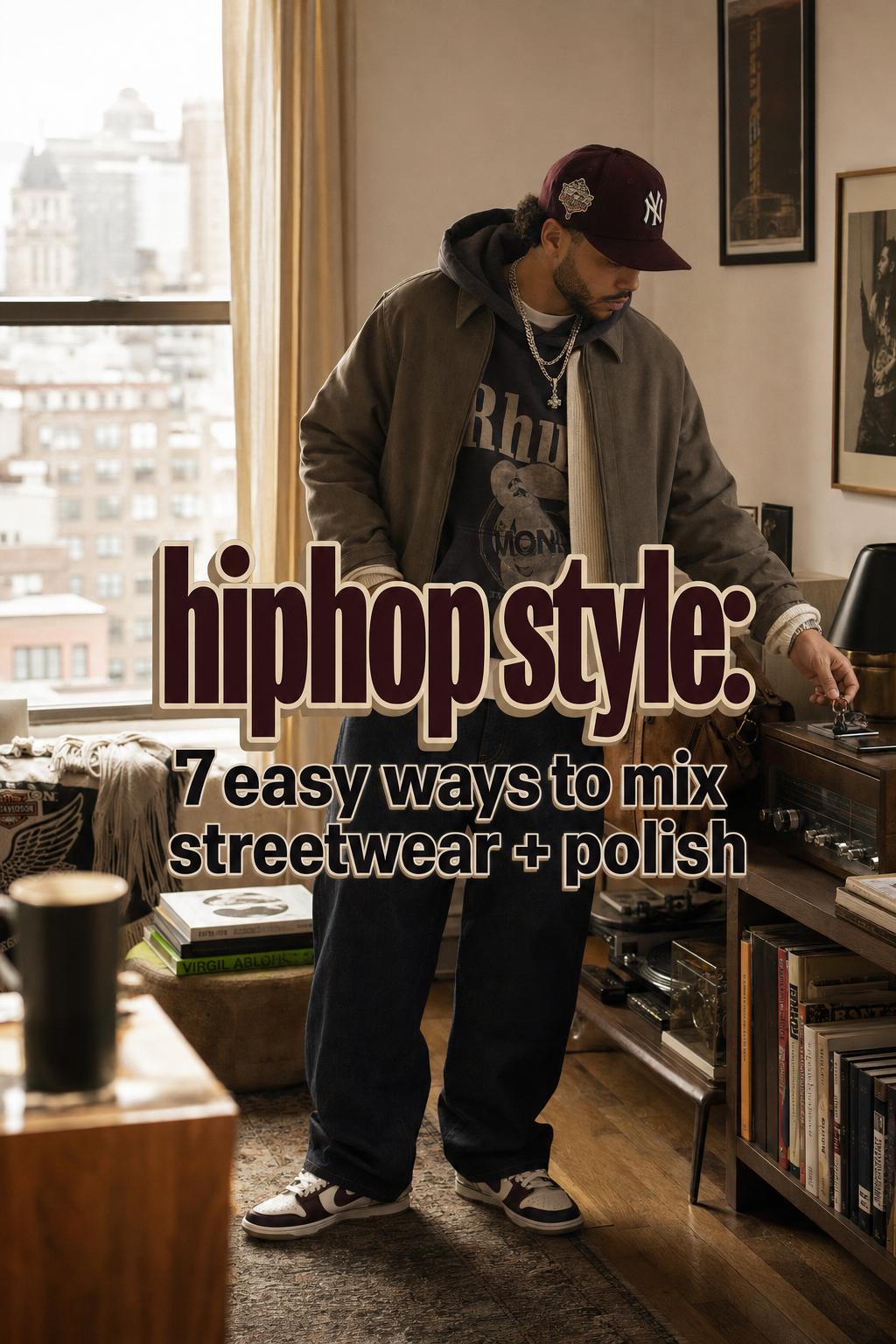 Hiphop Style: Mix Streetwear + Polish Hiphop style outfit mix in warm apartment light, blending bold streetwear hoodie with polished jacket and denim layers.