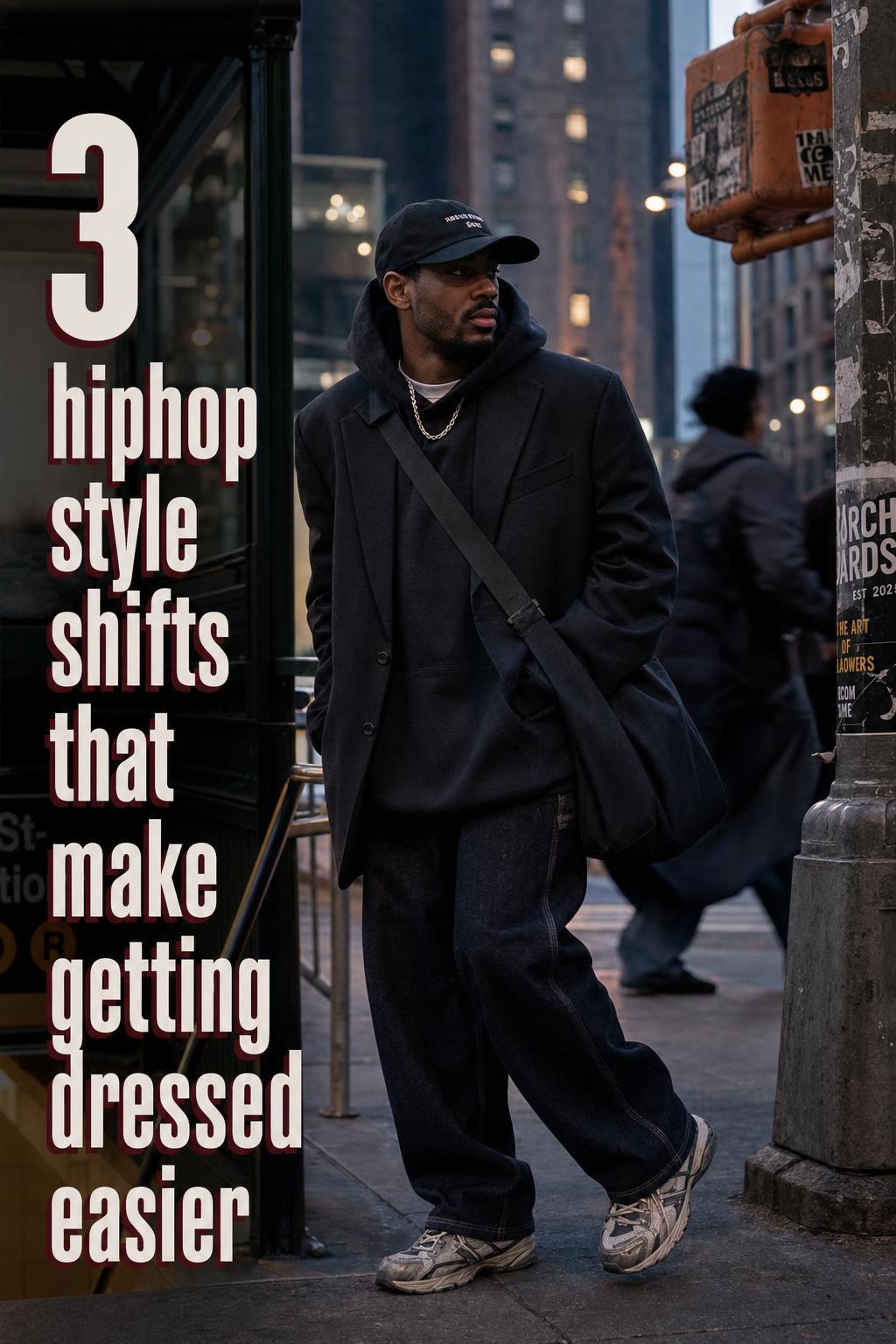 3 Hiphop Style Shifts at Blue Hour Adult in city blue hour streetwear near transit entrance with text overlay, showcasing hiphop style shifts
