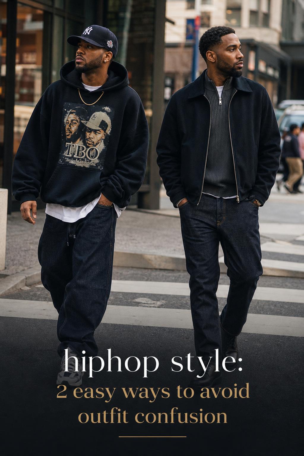 Hiphop Style: 2 Easy Outfit Directions hiphop style guide photo showing an adult in city streetwear vs refined urban look with overlay text