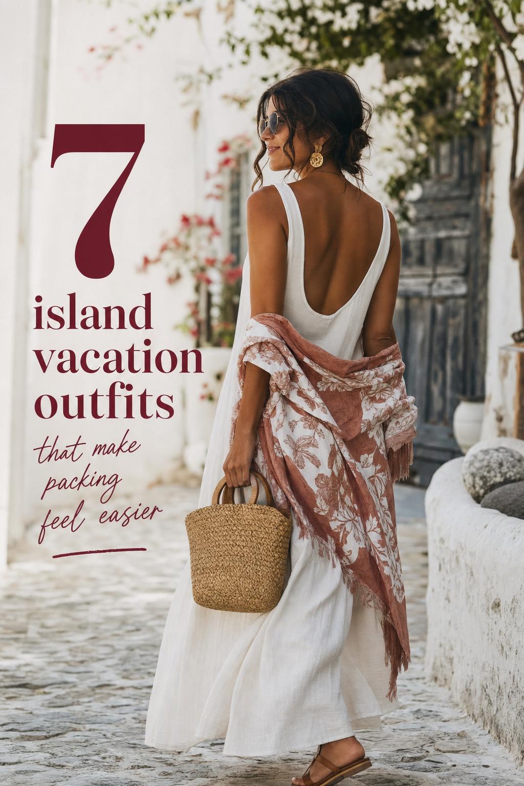 Island Vacation Outfits on a Sunlit Seaside Terrace Woman in linen maxi dress on a sunlit seaside terrace showcasing island vacation outfits with woven bag and sandals
