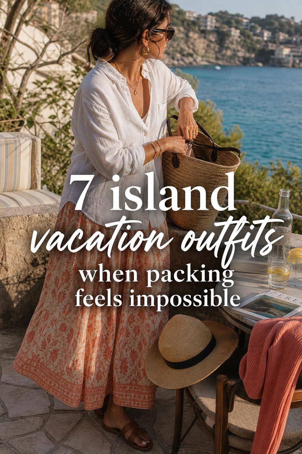 7 Island Vacation Outfits When Packing Feels Impossible Island vacation outfits on a sunlit terrace: woman in white linen shirt and coral maxi skirt by turquoise sea