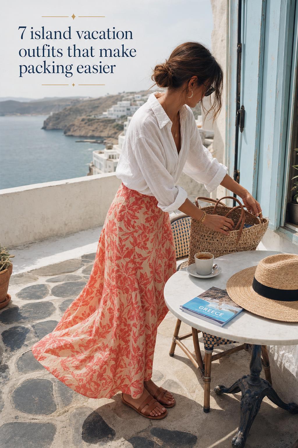 Island Vacation Outfits on a Seaside Terrace Island vacation outfits: adult woman in white linen shirt and coral maxi skirt on a sunlit seaside terrace with raffia tote