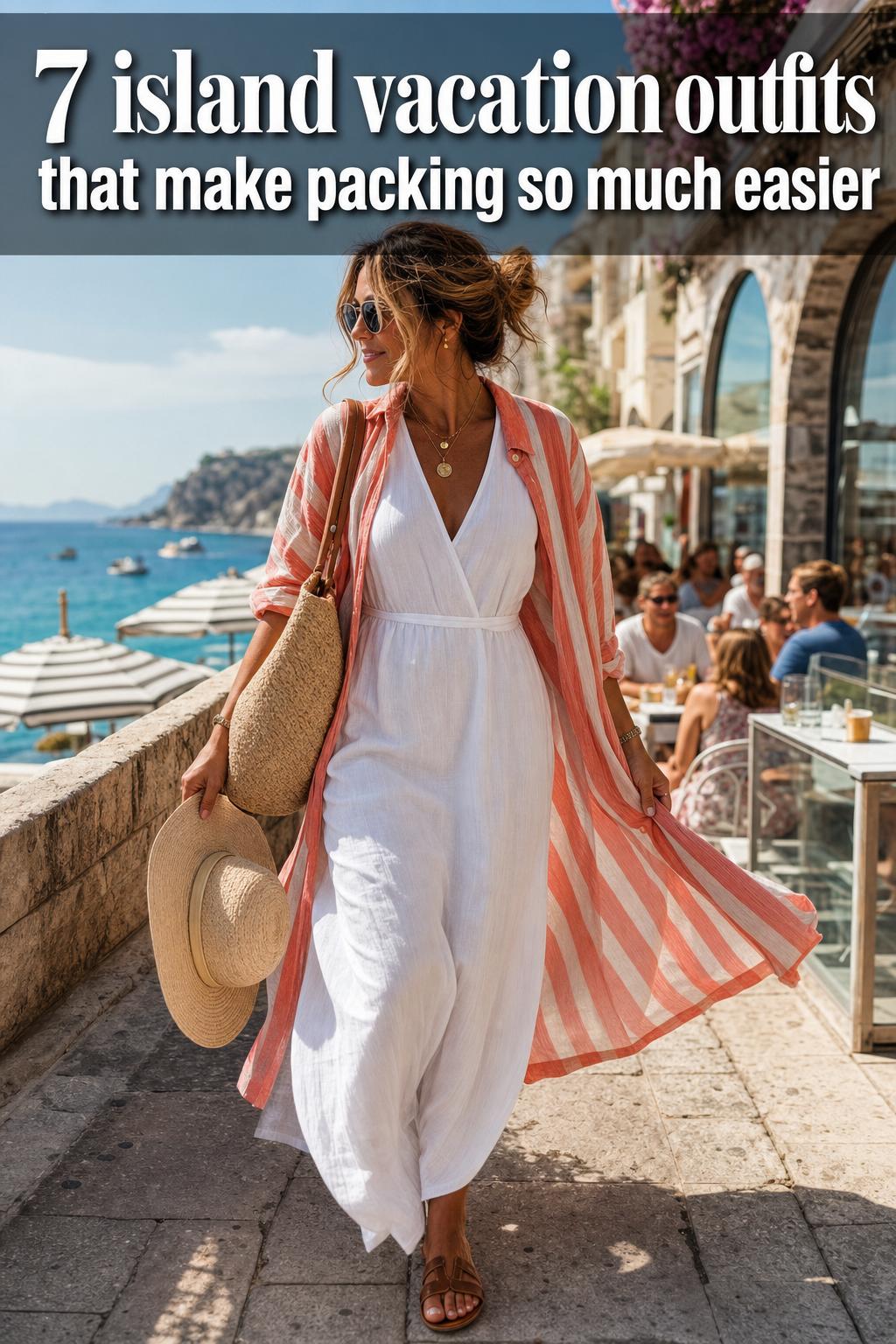 Island Vacation Outfits on a Tropical Beach Island vacation outfits styled on a sunny beach with palm trees and turquoise water