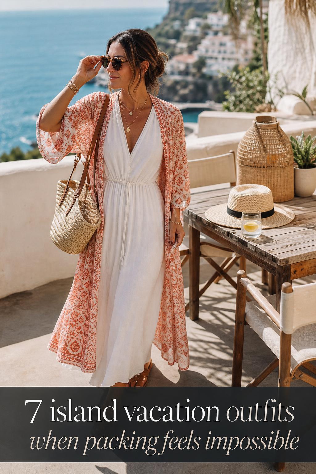 Island Vacation Outfits in White Linen Maxi Dress Island vacation outfits: woman in white linen maxi dress with raffia bag and sunglasses on a seaside terrace