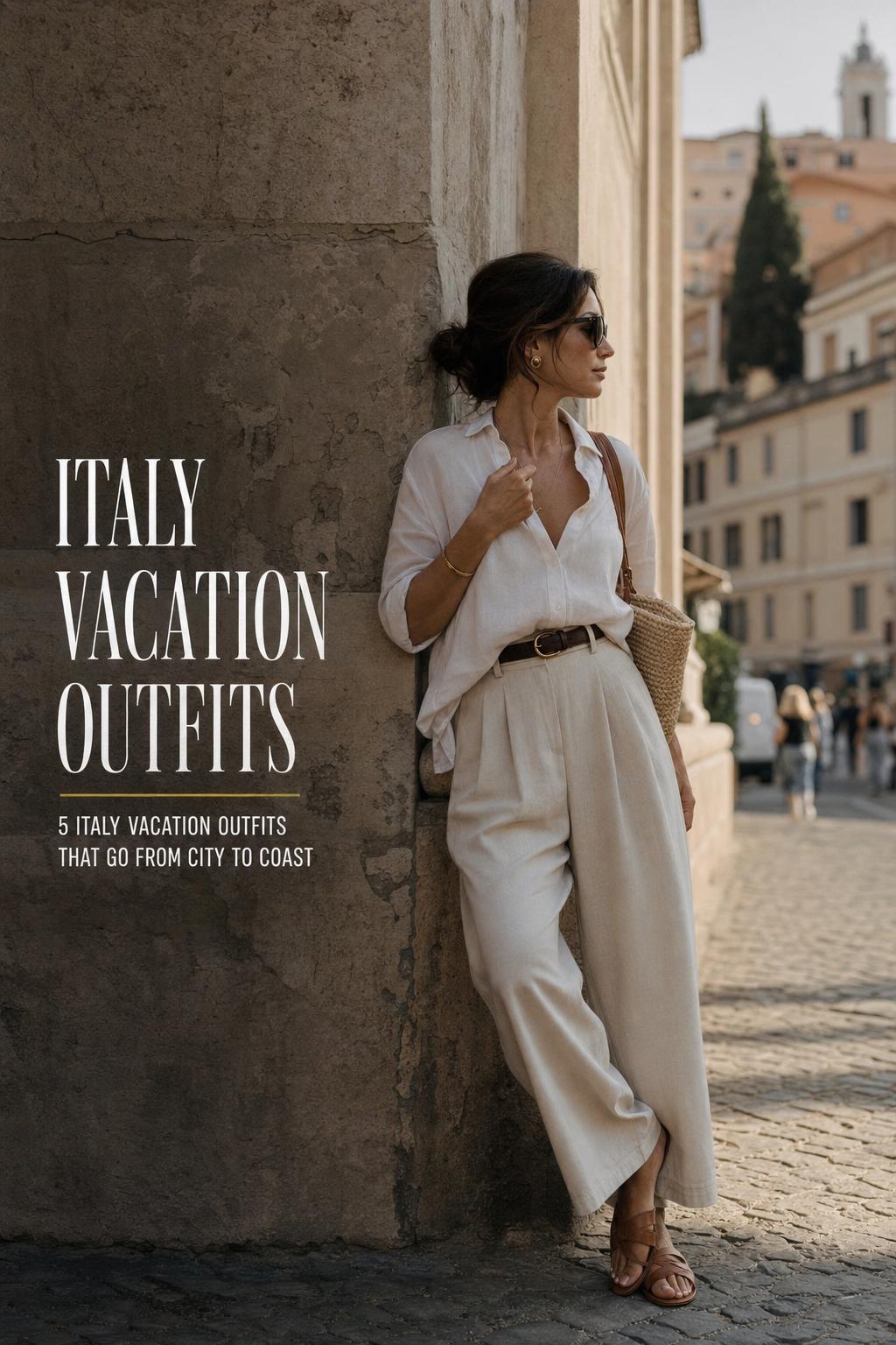 Stylish woman leaning on a stone wall in Italy wearing linen and blazer, with text overlay for italy vacation outfits