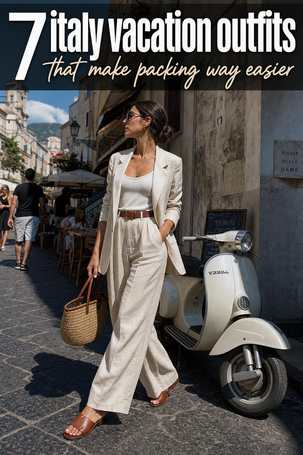 Italy vacation outfits laid out on a bed with a sundress, sandals, straw hat, and sunglasses in soft morning light
