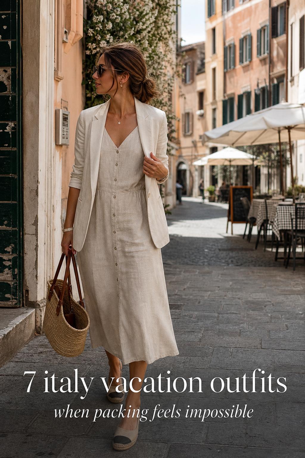 Woman in linen dress and blazer on an Italian side street, showcasing italy vacation outfits with woven bag and sunglasses