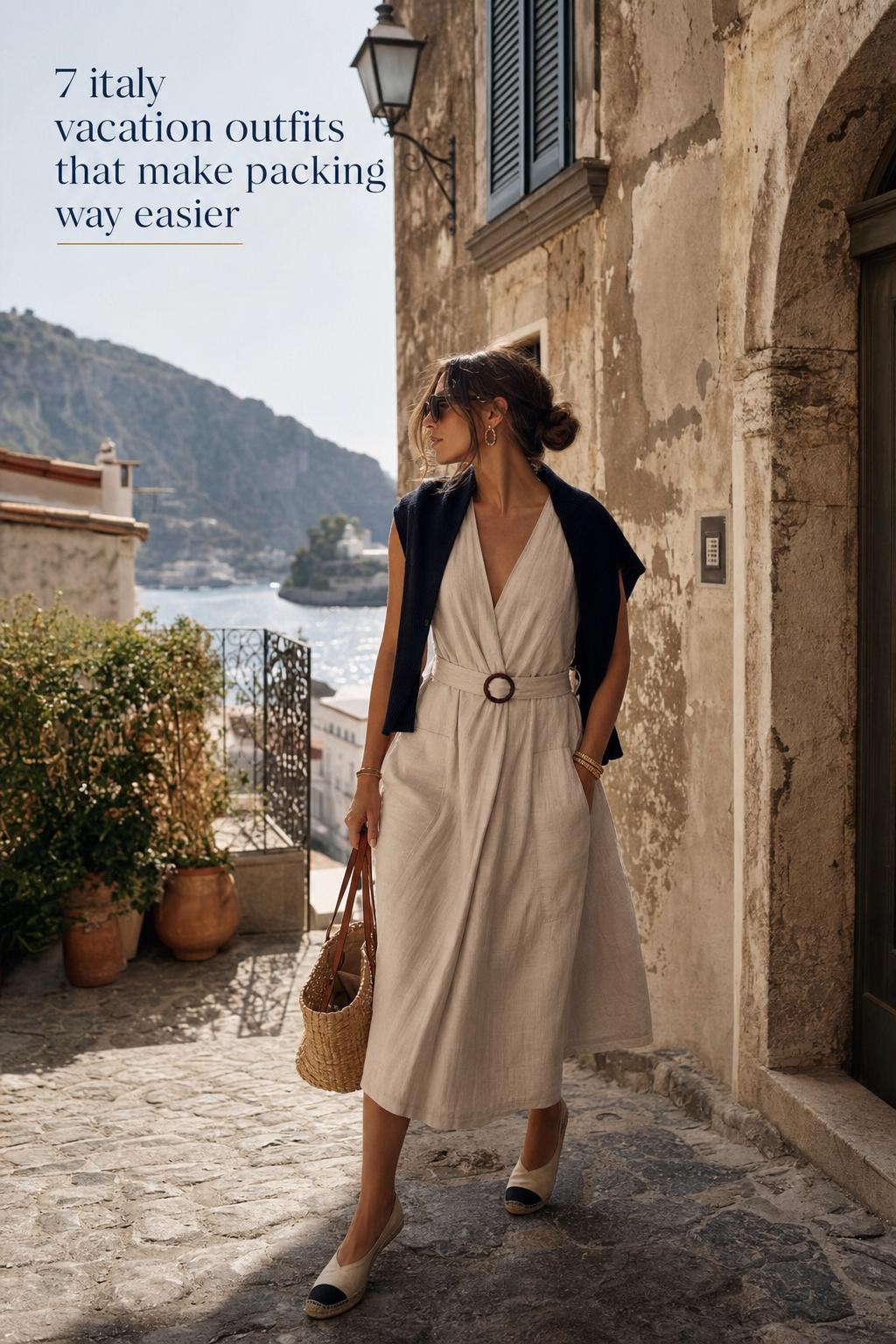 Sunlit editorial street style in Italy featuring chic italy vacation outfits with linen dress, straw bag, and terrace view