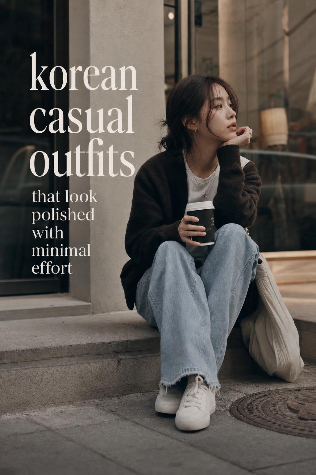 Korean casual outfits street style with oversized white shirt and wide-leg jeans during a calm city coffee run