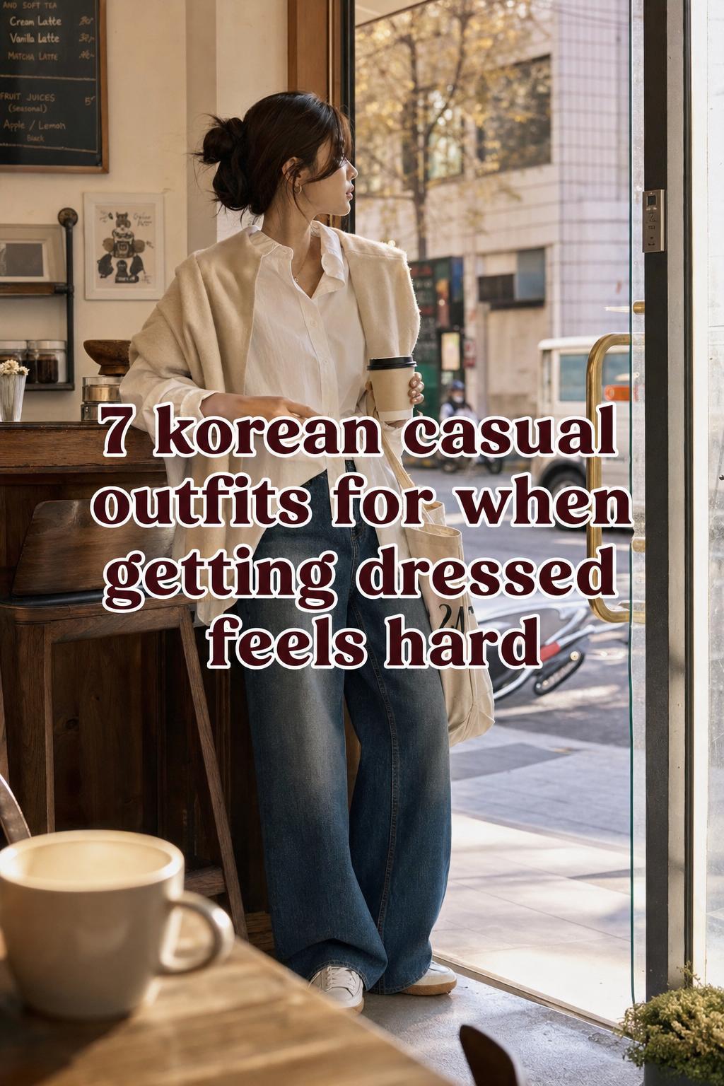 Korean casual outfits in a cozy sunlit cafe-to-street scene with oversized white shirt, wide-leg jeans and sneakers