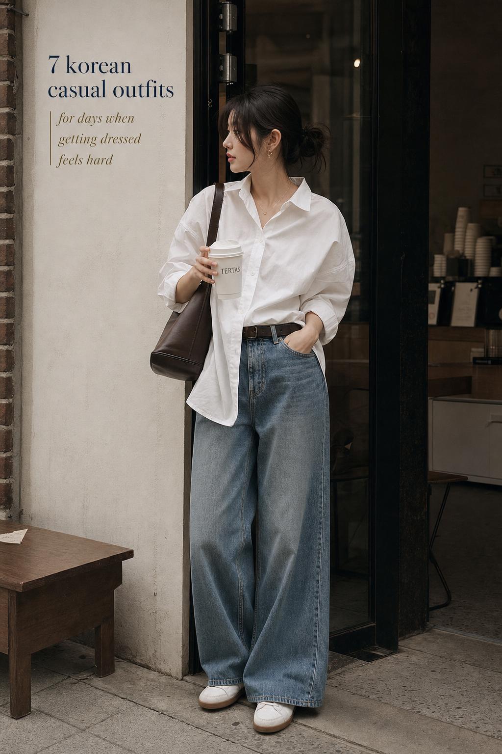 Korean casual outfits street style—young woman in oversized white shirt and wide-leg jeans on a calm city crosswalk.