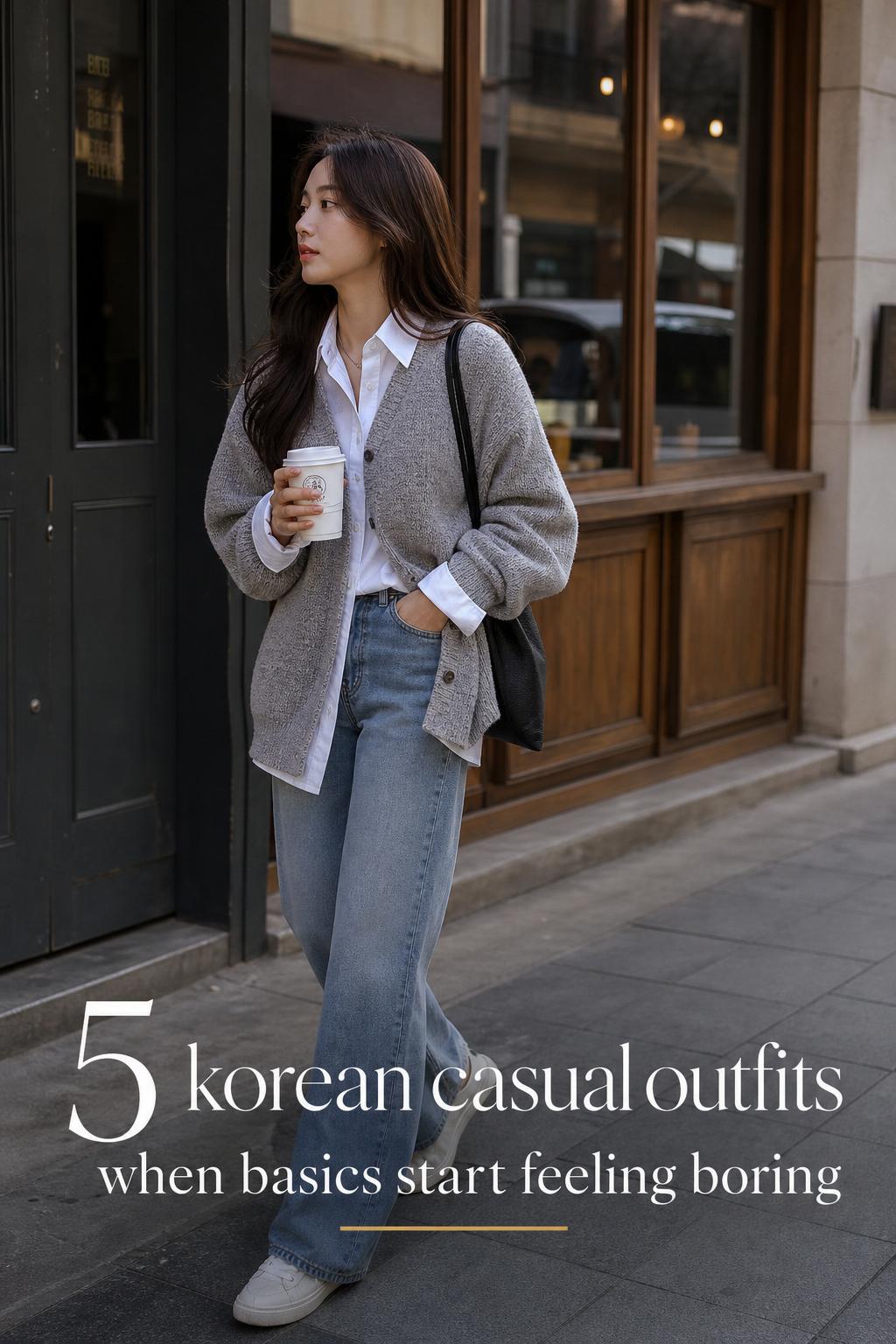 Korean casual outfits street style: woman in oversized white shirt, denim jacket, wide-leg jeans and sneakers outside a cafe