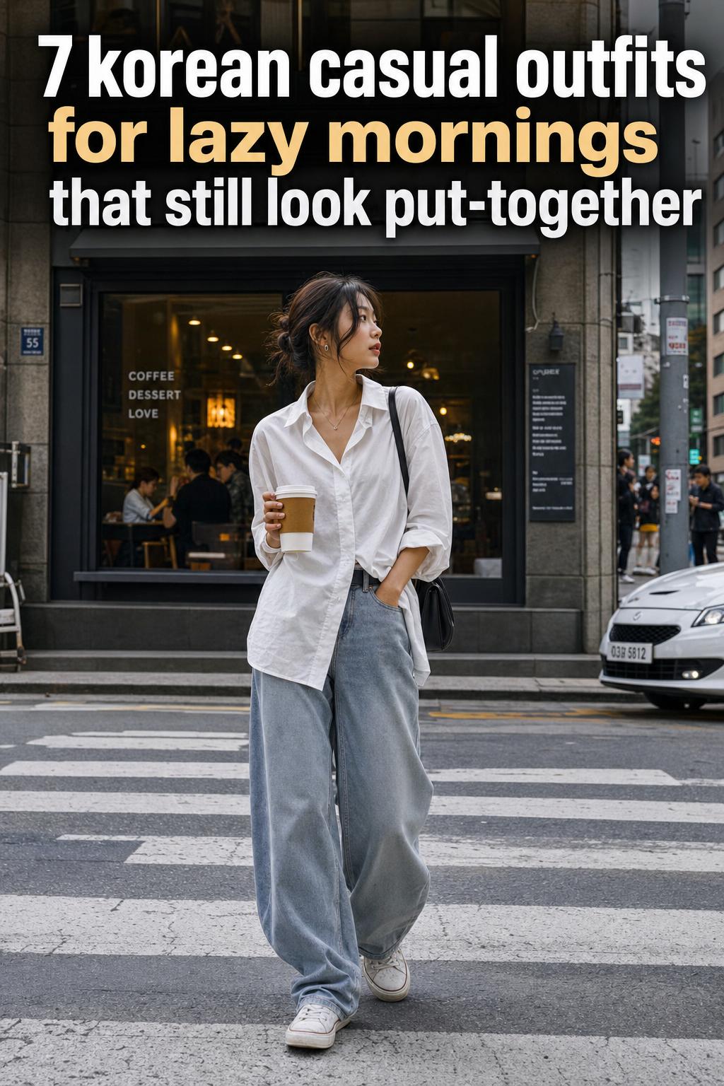 Korean casual outfits styled on a city street, featuring relaxed layers and neutral tones in a natural look.