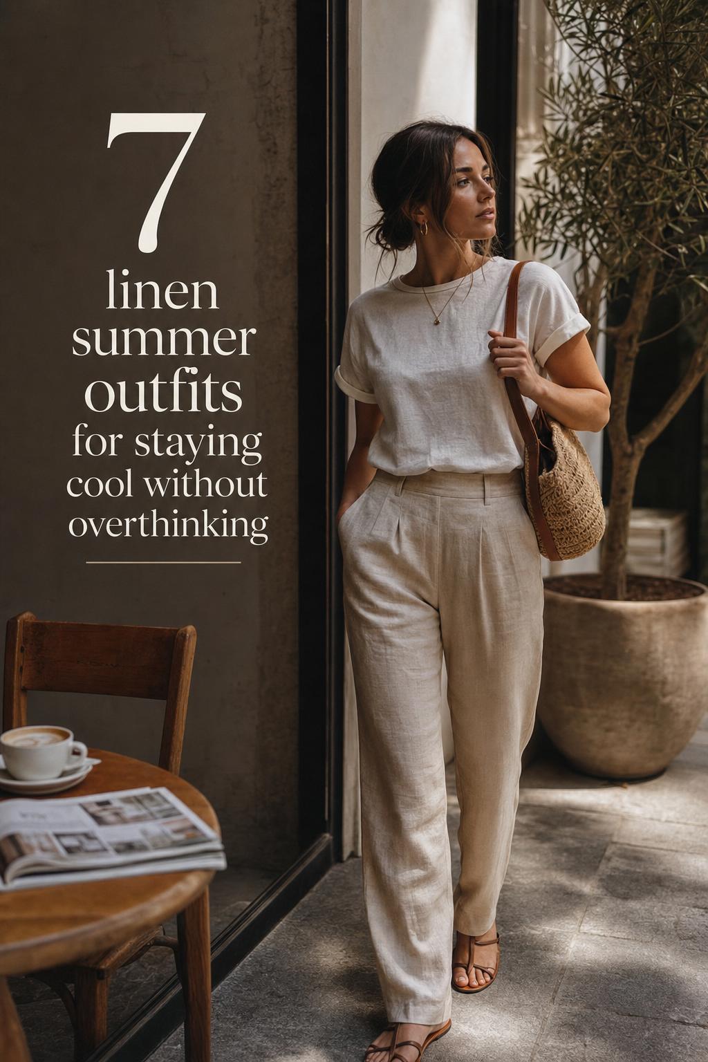 Linen Summer Outfits Editorial Window Light Woman in refined linen summer outfits by a sunlit window with tote and editorial text overlay