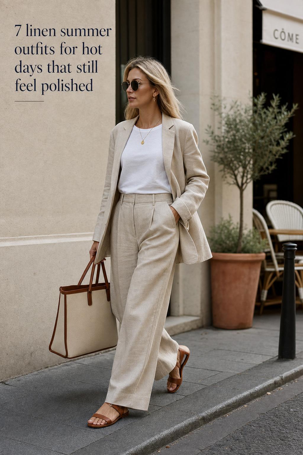 Linen Summer Outfits: Polished City Street Style Street-style adult woman in linen summer outfits with white tee, sand linen trousers and blazer walking past a city café