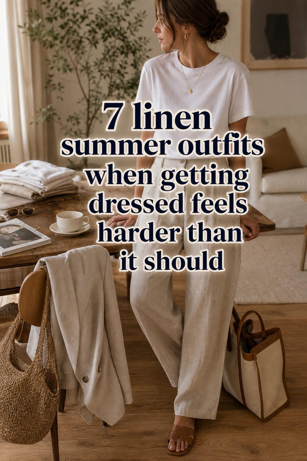 7 Linen Summer Outfits in a Sunlit Apartment Woman in sunlit apartment styling linen summer outfits with white tee, sand linen trousers, and accessories on a wooden table