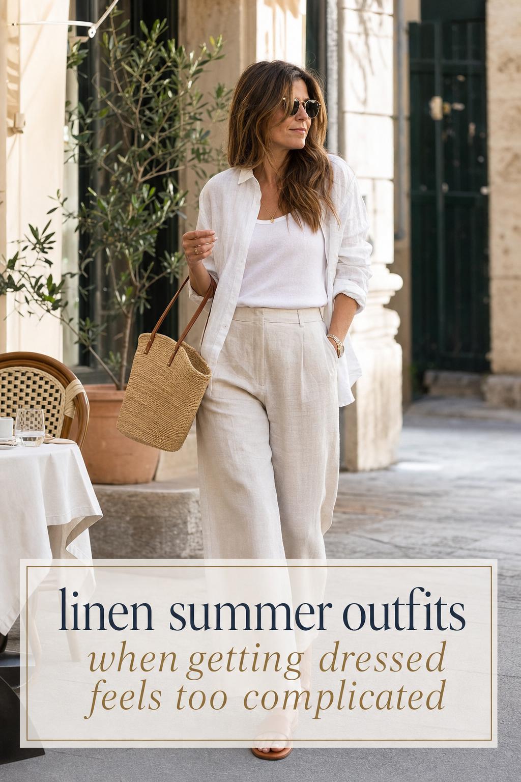 Linen Summer Outfits in Soft Coastal City Light Woman in chic linen summer outfits on a sunlit European street corner, wearing cream linen trousers, white tee and raffia bag