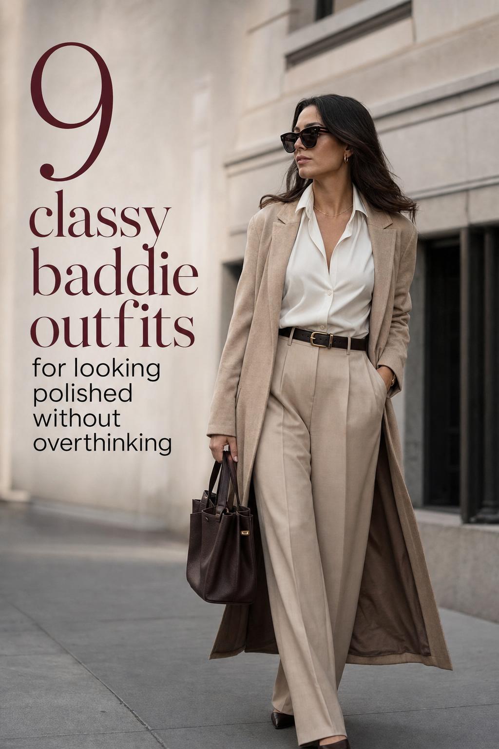 Luxury street-style photo of an adult woman in a blazer and trousers showcasing classy baddie outfits in a modern city