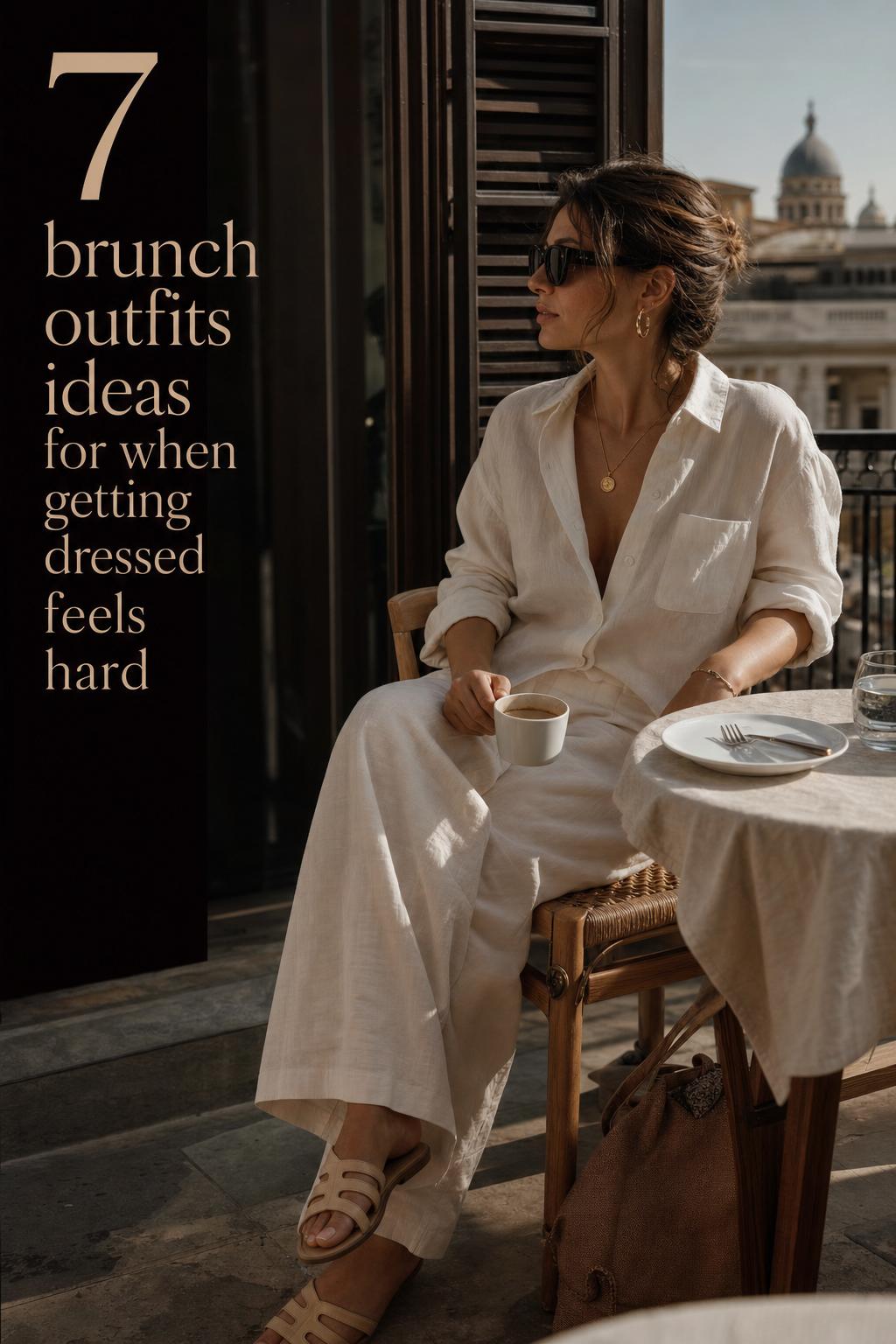 Luxury editorial photo of a woman in chic café-to-rooftop style for brunch outfits ideas, adjusting sunglasses by coffee
