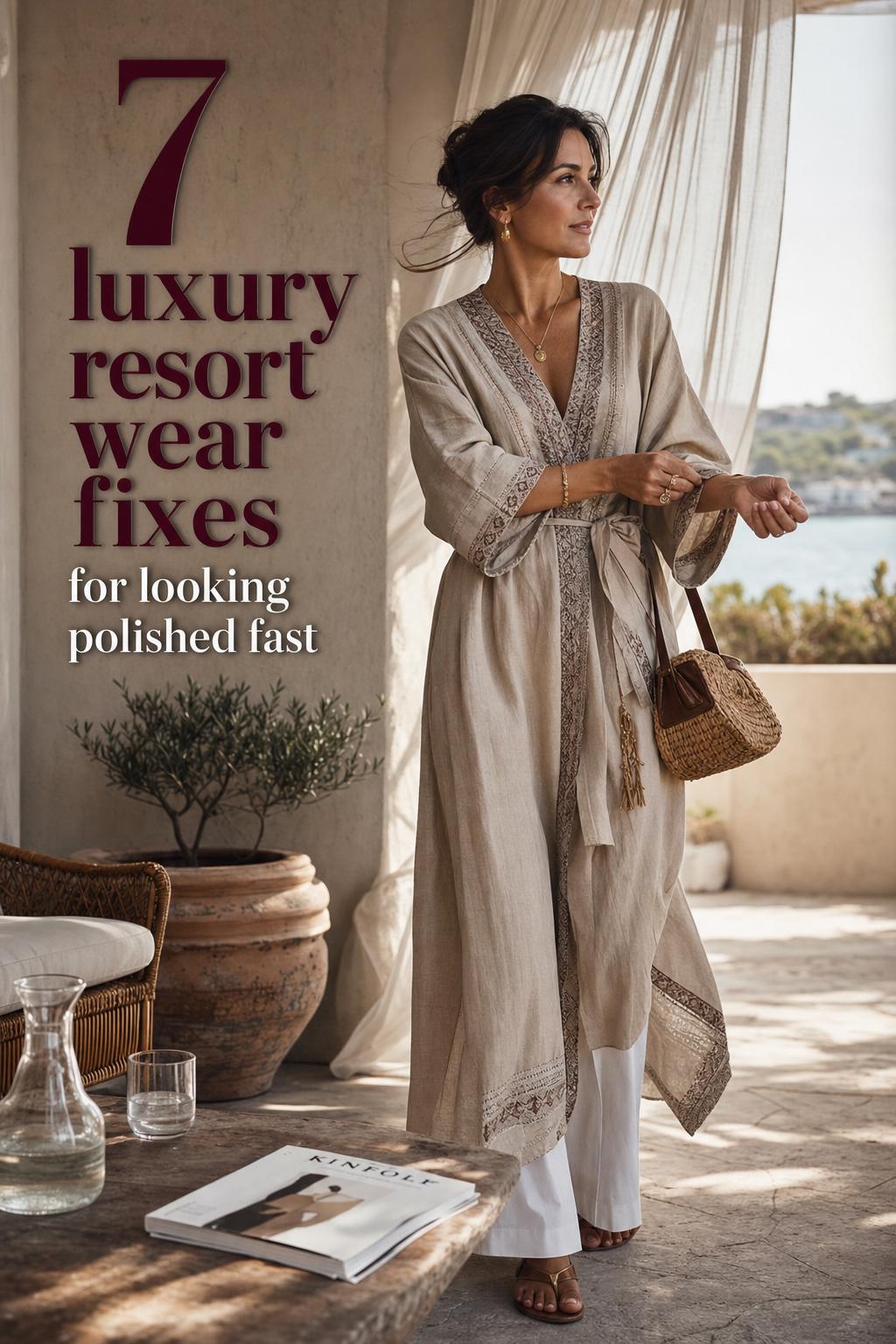 Luxury resort wear fixes editorial terrace photo Luxury resort wear editorial photo of a woman in a linen caftan and wide-leg trousers on a sunlit terrace with text overlay