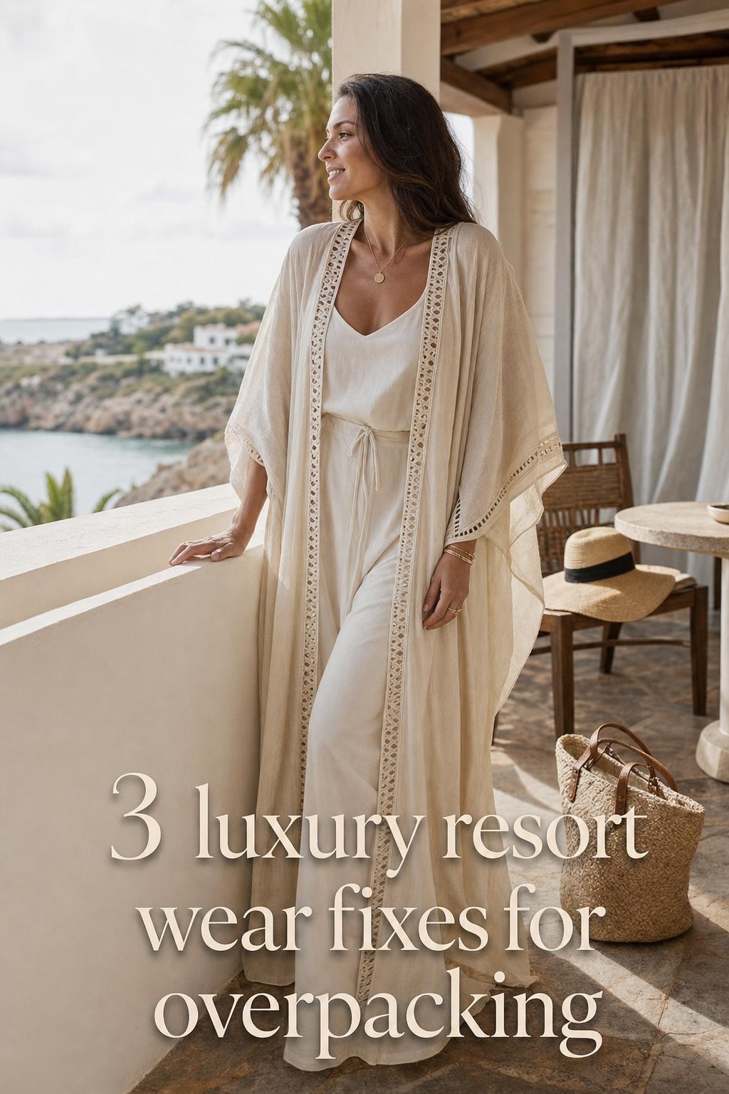 Luxury Resort Wear Fixes for Overpacking Luxury resort wear styling on a sunlit seaside hotel terrace, woman in airy linen caftan with woven tote and sunhat