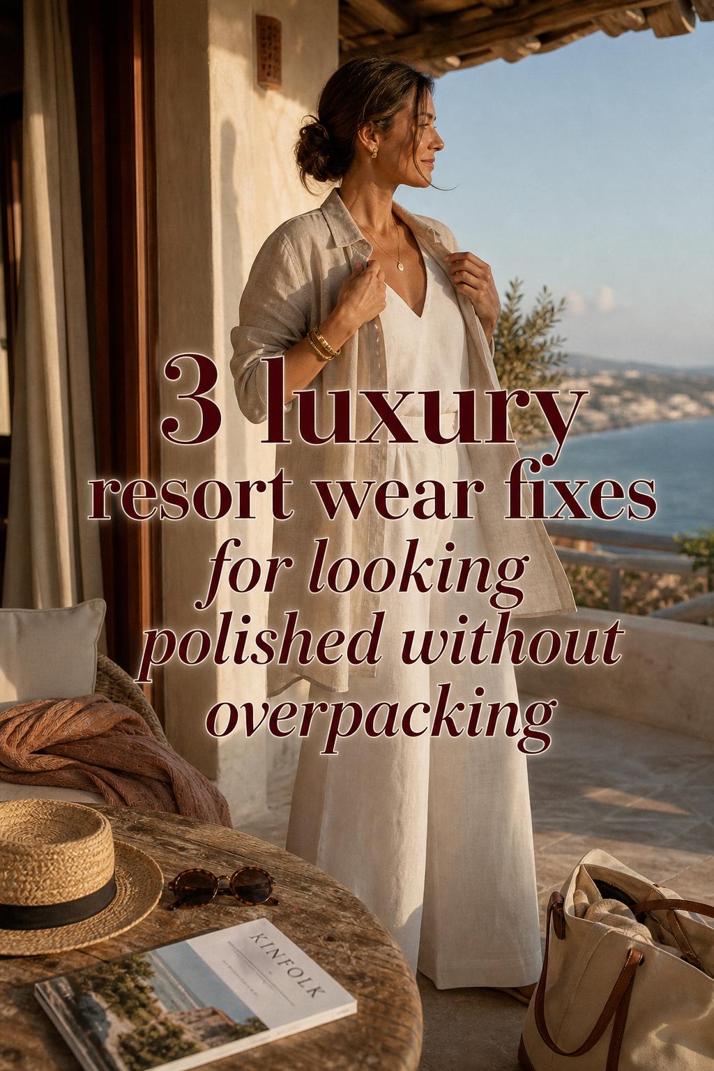 Luxury Resort Wear Fixes for Polished Travel Luxury resort wear tips on a golden-hour terrace with a woman adjusting linen layers beside a straw hat and travel bag