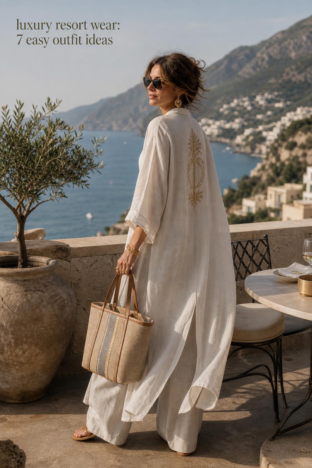 Luxury Resort Wear on a Mediterranean Terrace Luxury resort wear editorial photo of a woman in linen caftan and wide-leg trousers on a Mediterranean terrace by the sea