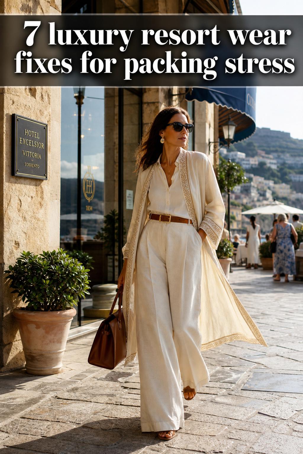 Luxury Resort Wear by the Tropical Pool Luxury resort wear outfit on a stylish model by the pool at a tropical hotel, perfect for upscale vacation style.