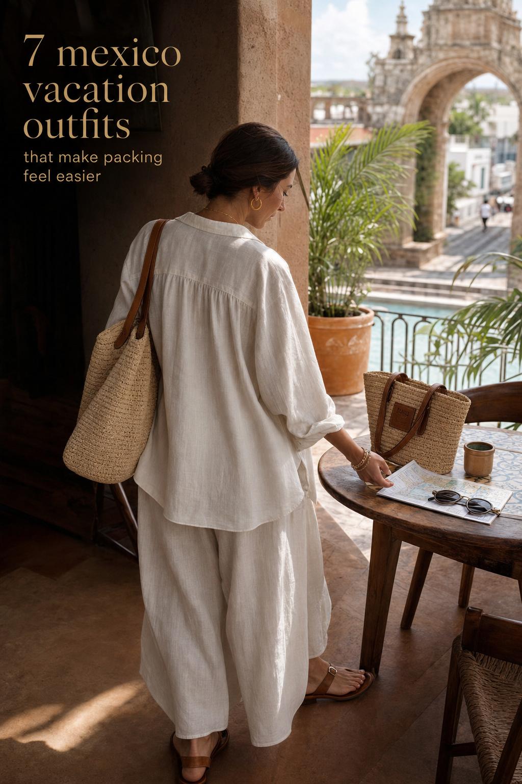 Mexico vacation outfits on a boutique hotel terrace Adult woman on a boutique hotel terrace in Mexico wearing linen set and sandals, showcasing mexico vacation outfits