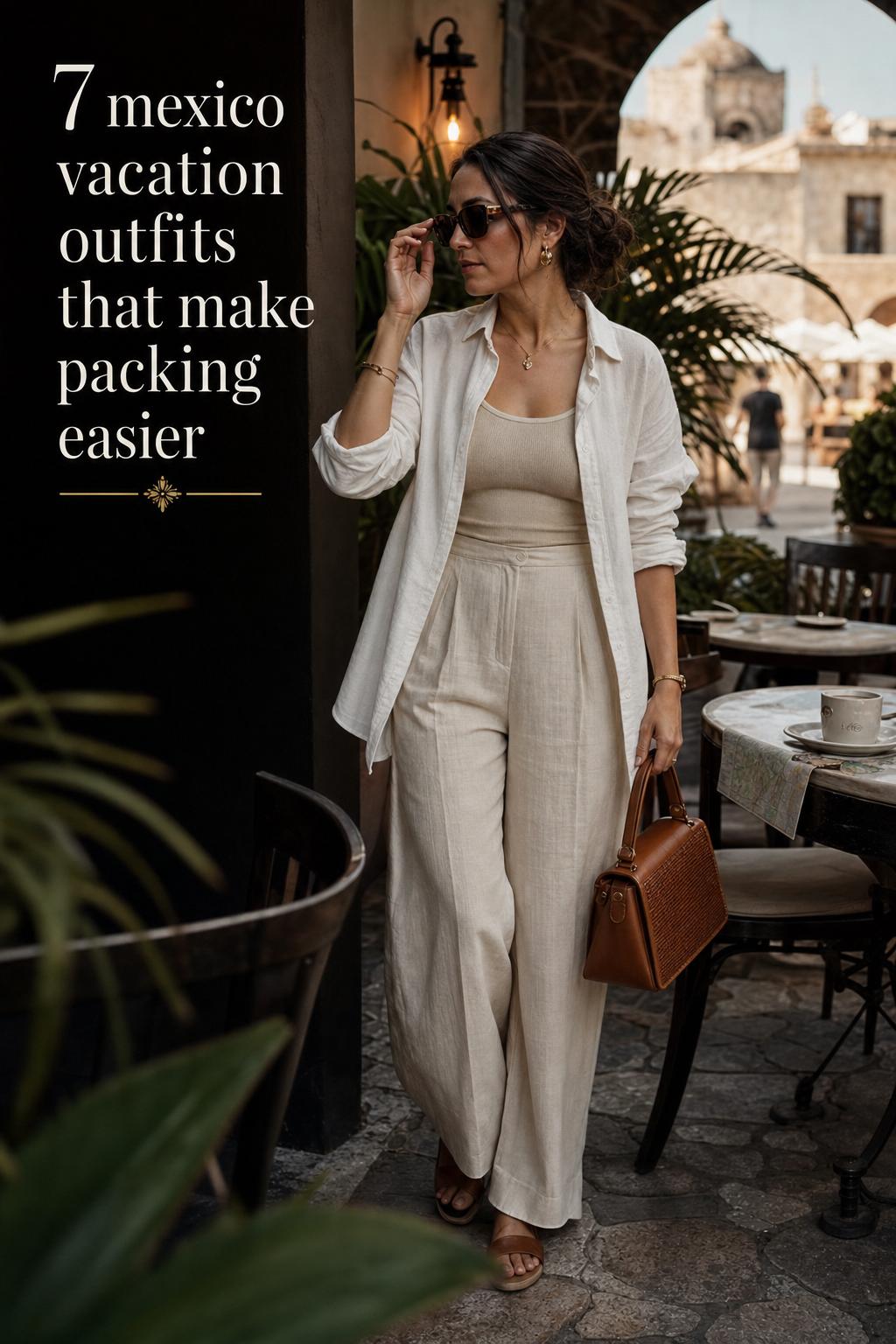 Mexico Vacation Outfits on a Hotel Terrace Woman on a shaded Mexico hotel terrace in linen set, sandals and woven bag, showcasing mexico vacation outfits at golden hour.