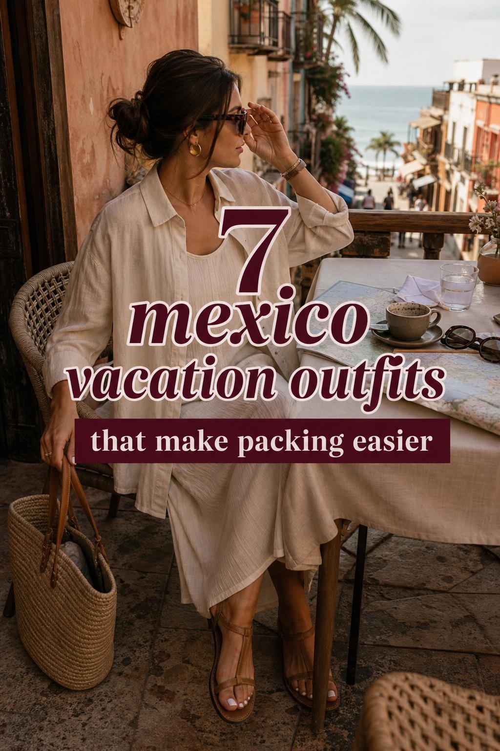 Mexico Vacation Outfits for Easy Packing Woman at a terrace café in Mexico wearing mexico vacation outfits with straw tote, map, coffee cup, and sandals in golden light