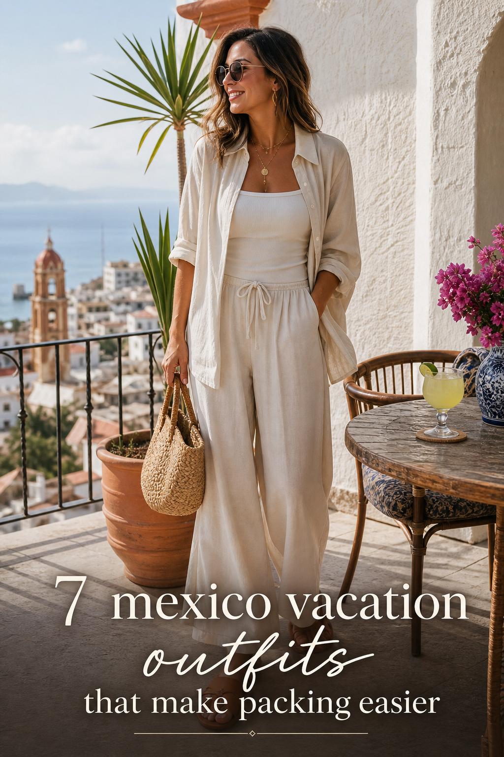 7 Mexico Vacation Outfits That Make Packing Easier Mexico vacation outfits inspiration: woman in a chic midi set on a sunlit hotel terrace with ocean views