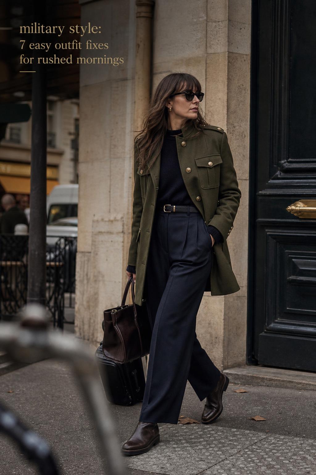Military style urban outfit with olive field jacket Military style street fashion in an olive field jacket, tailored trousers, and leather boots, walking through a city streetscape.