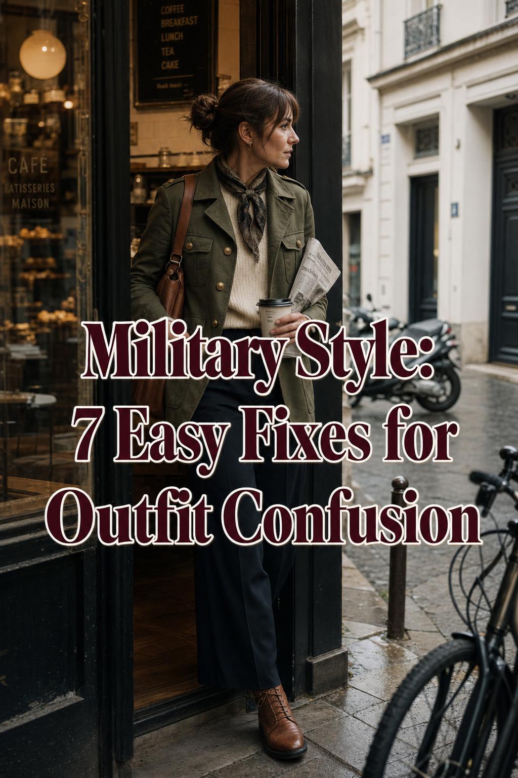 Military Style Outfit on a Paris Café Street Woman in military style outfit stepping out of a café on a Paris street in an olive field jacket and boots