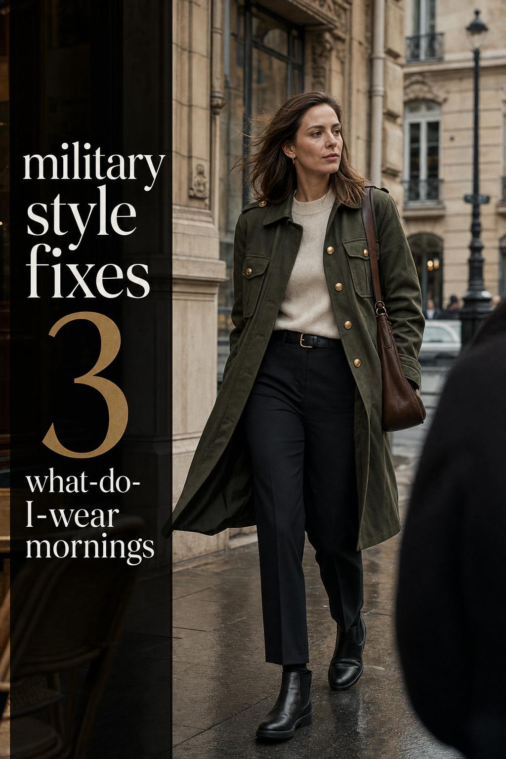 Military Style Outfit in Paris Street Editorial Military style outfit on an adult woman in Paris street, olive field jacket with tailored trousers in moody editorial light