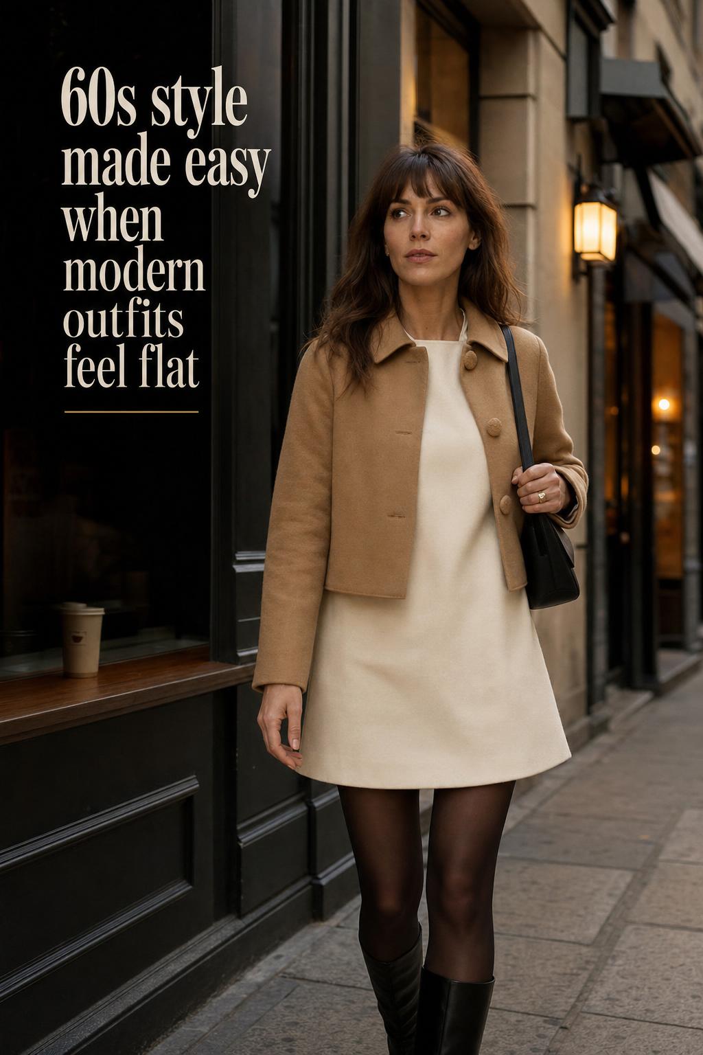 Modern 60s Style City Look at Dusk Woman in modern 60s style shift dress and cropped coat walking past a city café at dusk, editorial lifestyle photo