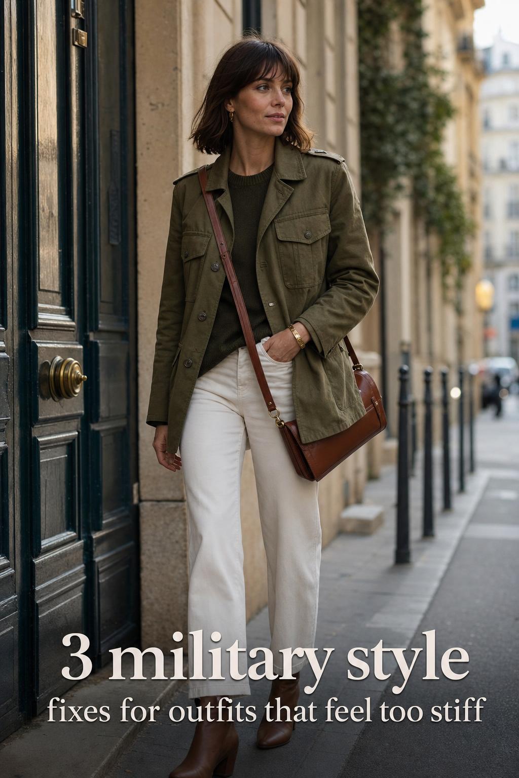 Modern Military Style in the City Editorial Editorial photo of modern military style outfit on an adult in a bright city street with text overlay at bottom