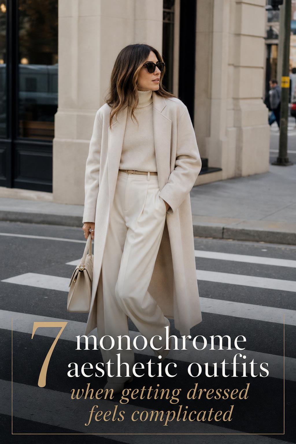 7 Monochrome Aesthetic Outfits Style Inspiration monochrome aesthetic outfits on an elegant woman in a tonal coat and trousers walking past a bright city cafe
