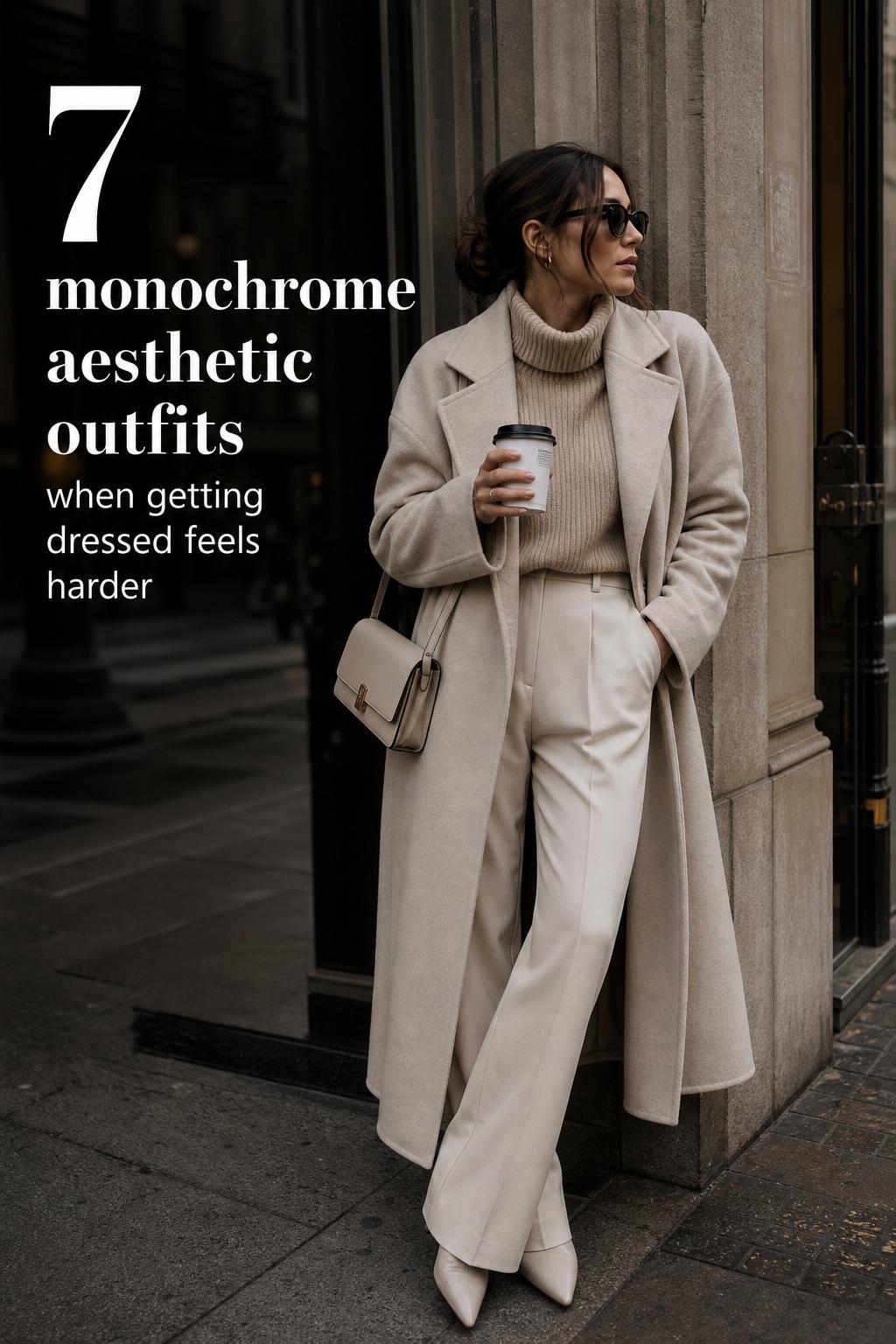 7 Monochrome Aesthetic Outfits Editorial Street Style Woman in monochrome aesthetic outfits on a premium city street, wearing tonal coat and boots with editorial text overlay